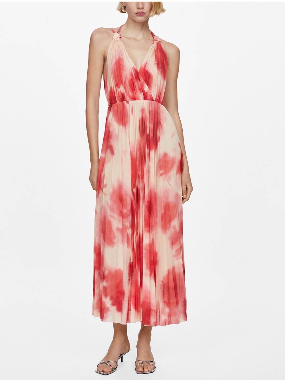 Mango Pink-Red Printed Pleated Maxi Dress